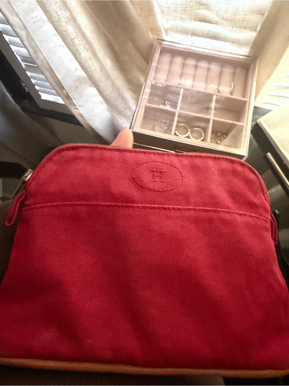 100% authentic Hermès Toile 
Bolide Travel Case Small Makeup Pouch